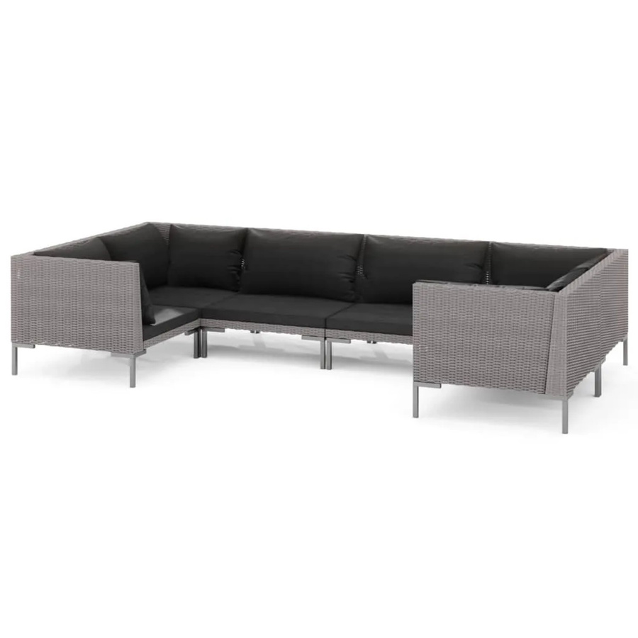 vidaXL 6-tlg Garten-Lounge-Set Modell 7 in U-Form aus Poly Rattan und pulverbeschichtetem Stahl, Dunkelgrau/Schwarz mit wetterfesten Auflagen und Kissen - Bild 2