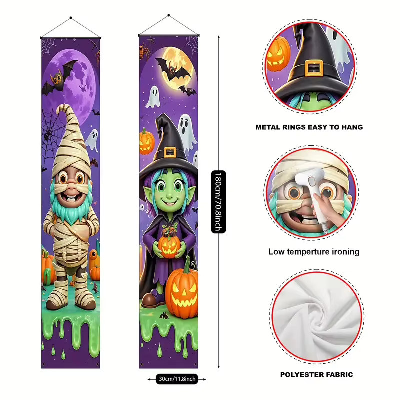 VIKAMA Halloween-Banner zum Aufhängen im Cartoon-Stil mit Hexen und Feen, lila, B/H: 30 x 180 cm - Bild 2