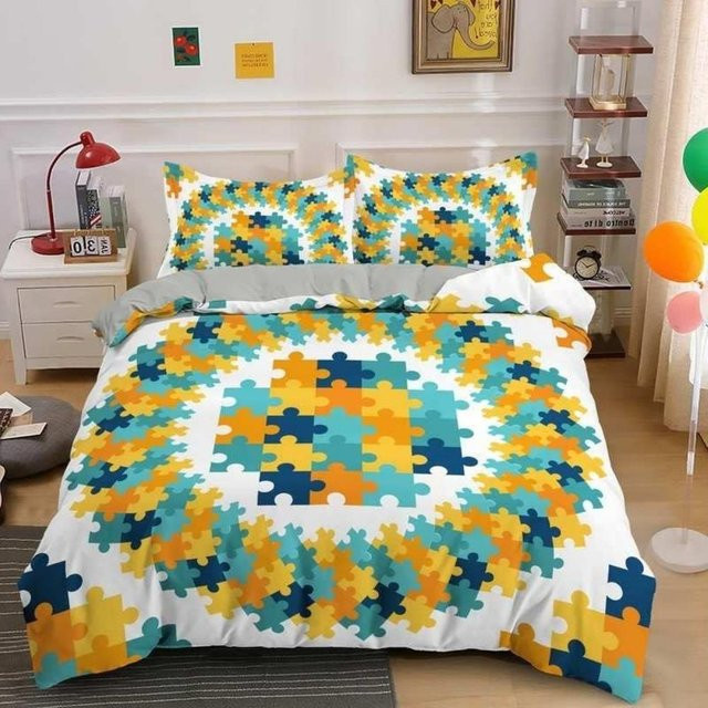 Binchi Fitness Kinderbettwäsche-Set Farbenfrohe Puzzles aus Mikrofaser für Jungen und Mädchen, Multicolor, Bettbezug mit Reißverschluss und 2 Kissenbezügen, B/T/H: 90 x 200 cm - Bild 1