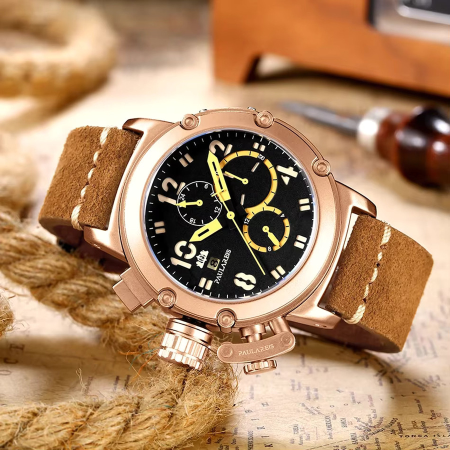 PAULAREIS P Armbanduhr Automatik, Leder, Gold, Bronze, Herren - Bild 5