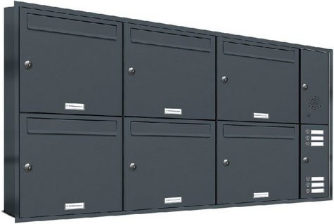AL Briefkasten für 6 Parteien, Unterputzmontage, grau, B/T/H: 133,7 x 11,6 x 72,4 cm - Bild 1