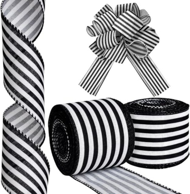 2 Rollen Schwarz-Weiß Gestreiftes Satinband mit Draht für Weihnachtsbaum, Kränze und Geschenkdekoration, 5 Yards pro Rolle - Bild 1