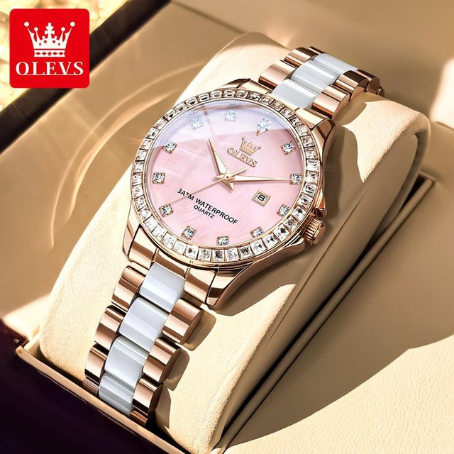 OLEVS Armbanduhr Damen, Quarz, Edelstahl, Roségold, Diamantbesetzt, rosa - Bild 1
