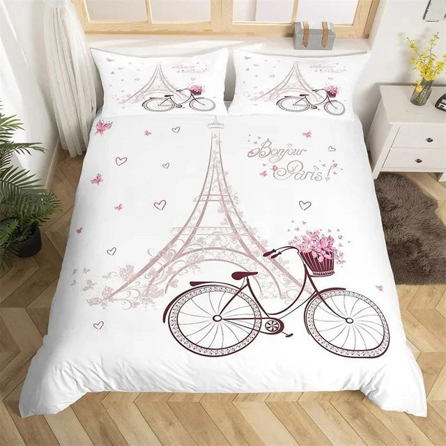 Bettwäsche-Set Jessica Chen mit Pariser Eiffelturm und Aquarell-Schmetterlingsmotiv aus Mikrofaser, Einzelbett, B: 140 cm, L: 210 cm, 3-teilig - Bild 1