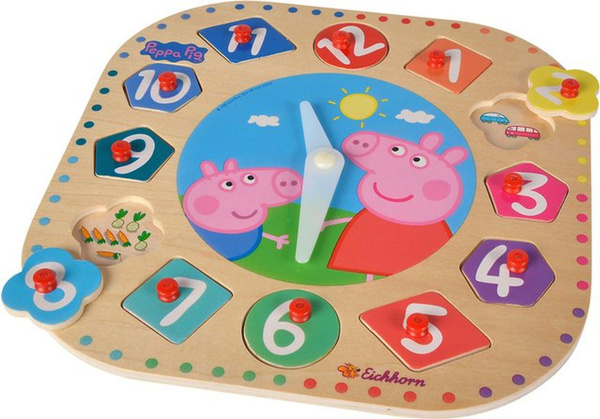 Eichhorn Peppa Pig Lernuhr aus Holz, analog und rund, mehrfarbig