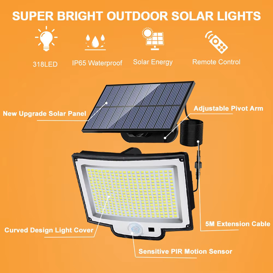 Wasserdichte Solar-Flutlichter mit 318 LEDs und Bewegungsmelder in Weiß und Schwarz für Garten und Terrasse - Bild 5