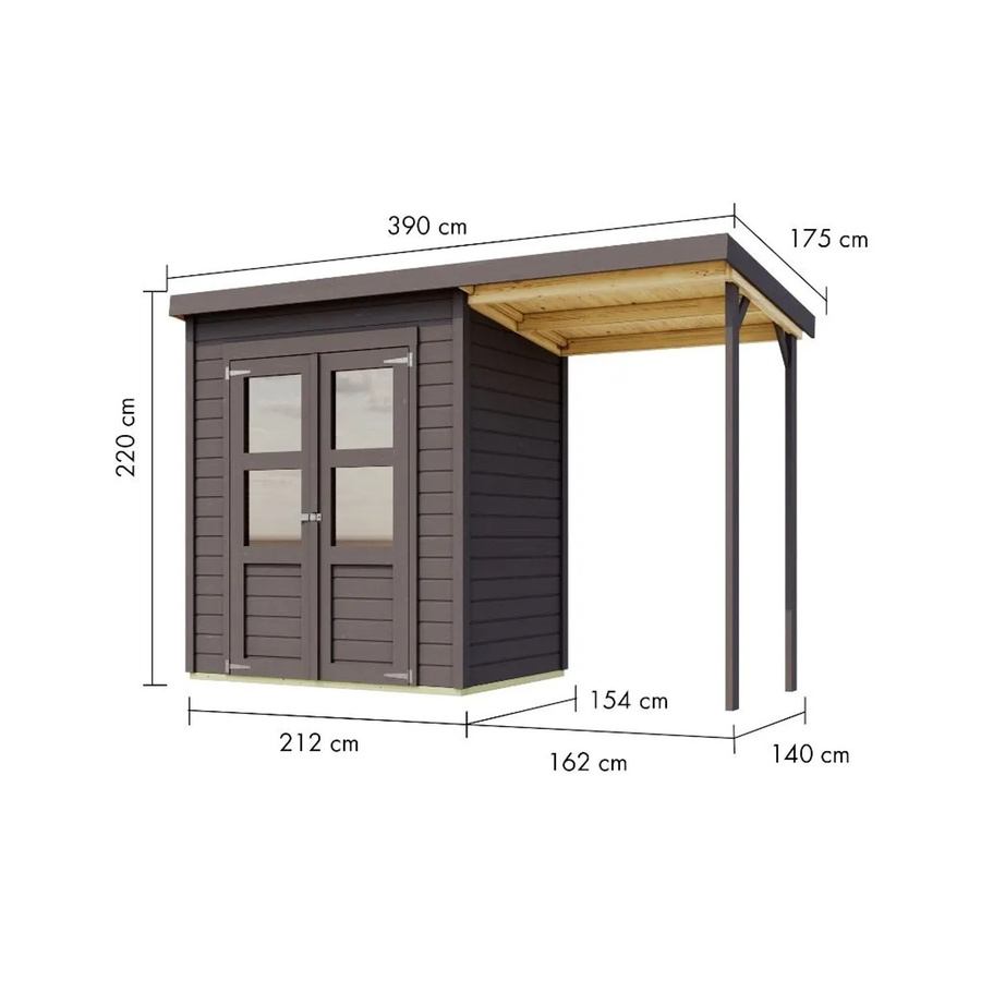 Karibu Gartenhaus Merseburg mit Anbaudach in Dunkelgrau, modernes Holzgartenhaus mit Doppeldoor und Pultdach - Bild 2