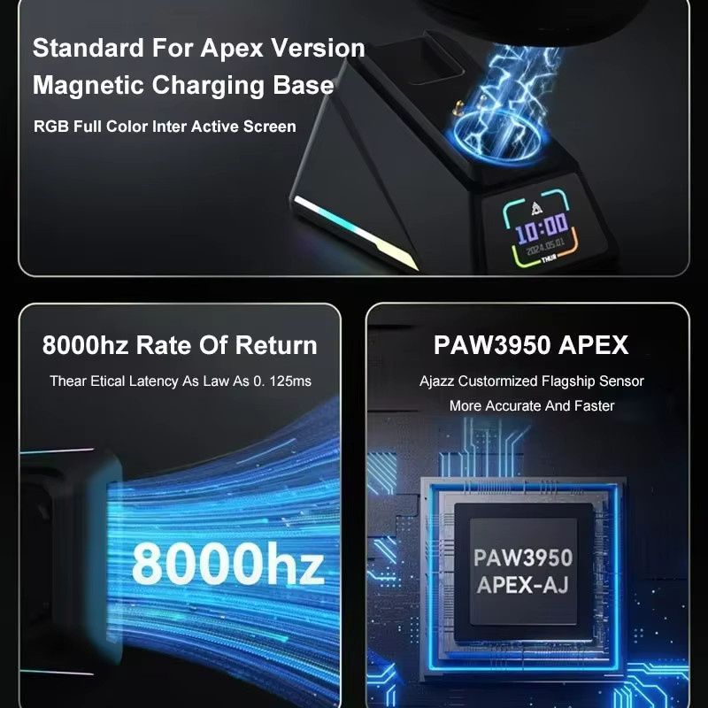 Ajazz AJ179 APEX Kabellose Gaming-Maus in Schwarz mit Farbbildschirm-Basis, Bluetooth, PAW3395 Sensor und 8000Hz Bildwiederholrate - Bild 1