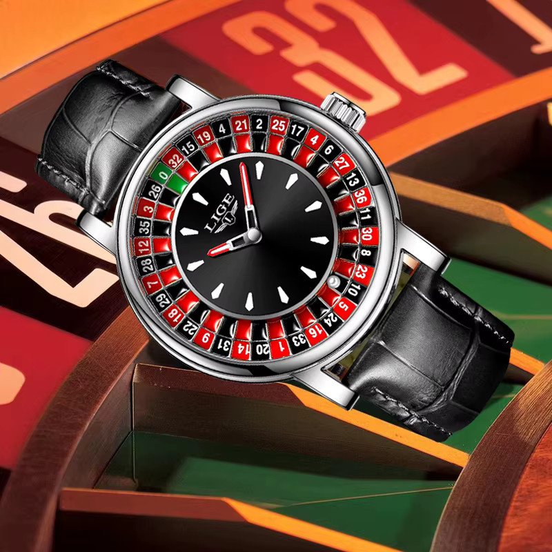 LIGE Armbanduhr Quarz, Roulette-Spielzifferblatt, Leder, Schwarz, Herren - Bild 3