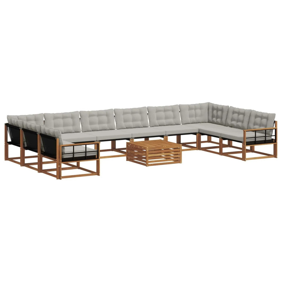 vidaXL Outdoor-Sofagarnitur aus massivem Akazienholz in U-Form, 11-teiliges Set mit Textilene-Bezug und Kissen, Farbe Natur und Hellgrau - Bild 2