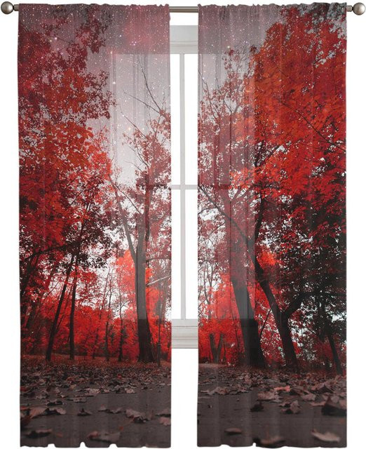 Transparente Voile-Organza-Fenstervorhänge von Your Warm Home mit Ahornblatt- und Sternenhimmel-Design in Rot, Breite: 135 cm, Höhe: 185 cm - Bild 1