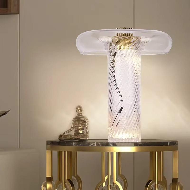 JIANKEXING LED Tischlampe aus Glas mit modernem verdrehtem Muster in Transparent, warmweißes Licht für Schlafzimmer und Home Office - Bild 2