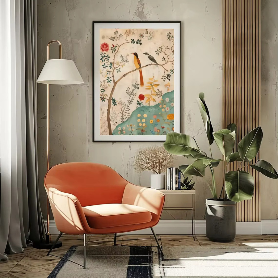 Vintage persisches Kunstposter mit traditionellem Vogel- und Blumendruck von WallStoryPrintsUK, botanische Wandillustration im Boho-Stil, mehrfarbig - Bild 3