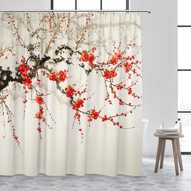 Baifenbai Home Furnishing Duschvorhang Japanische Landschaft mit Kirschblüten und Vögeln, Farbe Rosa/Weiß, B: 150 cm, H: 180 cm - Bild 1