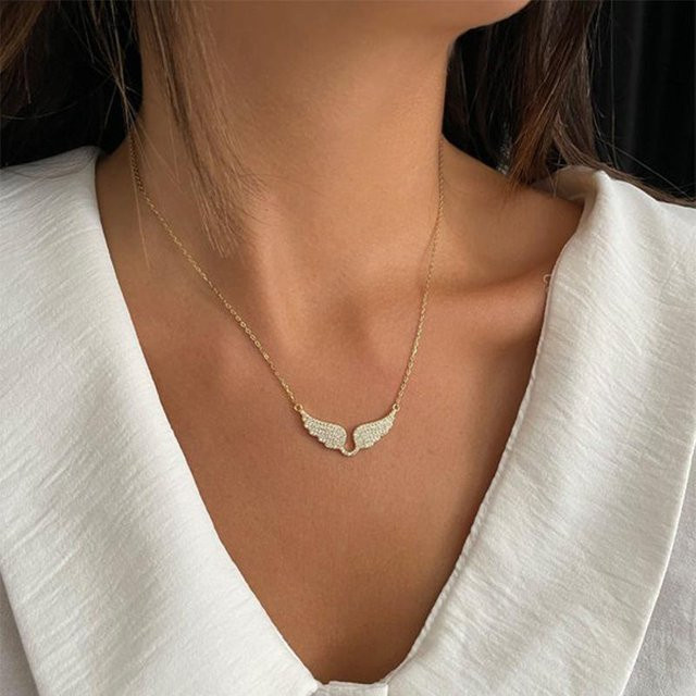 Anhänger Halskette Engelsflügel, Edelstahl, Gold, Zirkonia, Damen - Bild 1