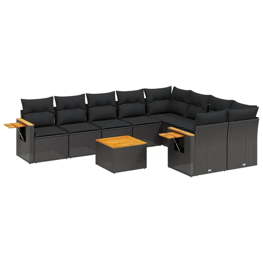 vidaXL 10-tlg. Garten-Sofagarnitur in L-Form aus Polyrattan und Akazienholz mit Kissen, Schwarz - Bild 2