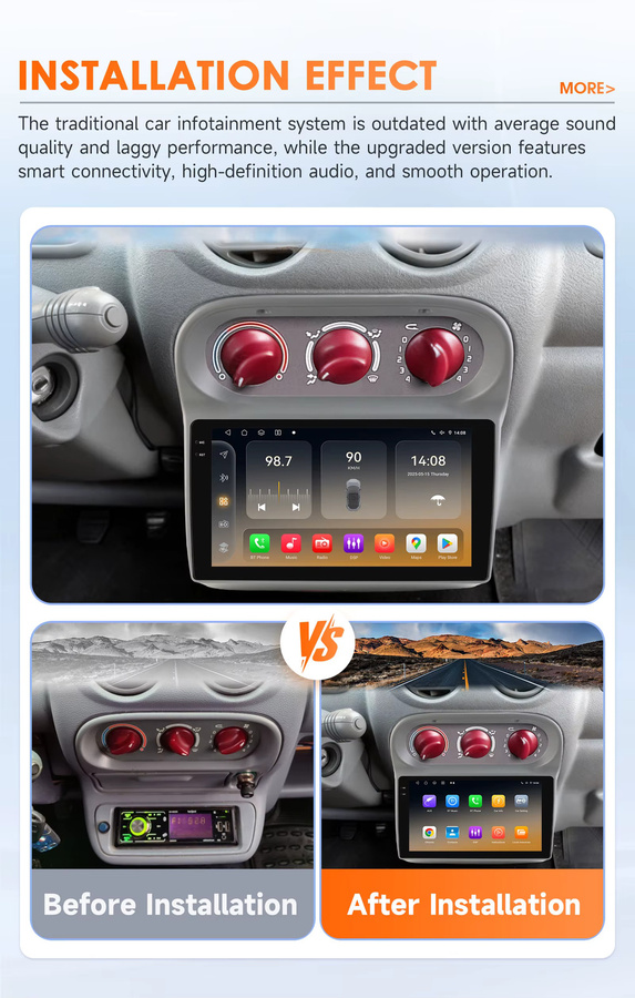 OSSURET Android 14 Autoradio für Renault Twingo 2005-2013 mit Snapdragon 6115, 8GB RAM, 128GB Speicher, GPS, Carplay, 4G, Bluetooth und 360 Cam, Schwarz - Bild 2