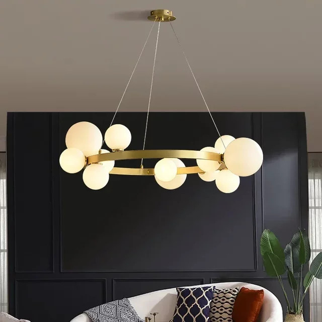 Moderne Kronleuchter von TAONUANSHU in Gold/Messing mit weißem Glasschirm, verstellbare Pendelleuchte für Wohnzimmer, Esszimmer und Schlafzimmer - Bild 1
