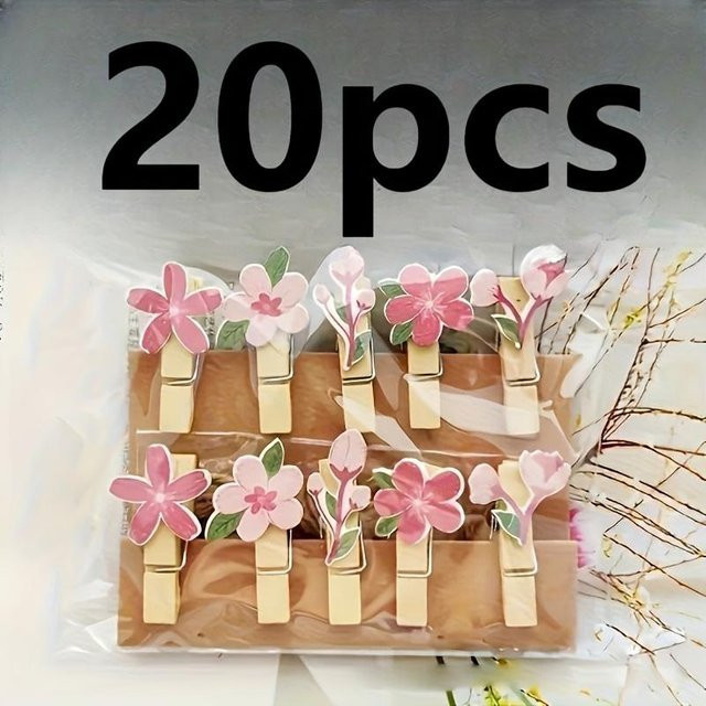 XYNN 2er-Pack dekorative Holzwäscheklammern mit rosa Blumenmuster in Mahagoni-Finish - Bild 1