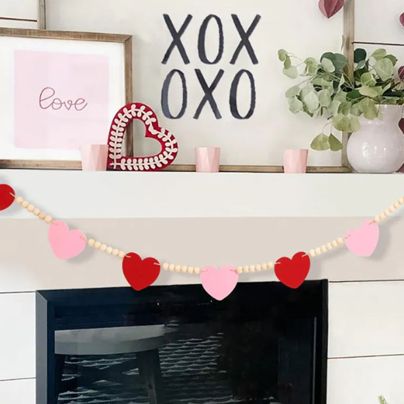 TOMTOP JMS Valentinstag-Dekoration mit Filzherzen und Holzperlengirlande in Rot und Rosa, hängendes Deko-Ornament für Hochzeit und Valentinstag, Länge: 230 cm - Bild 5
