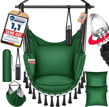 KESSER Hängesessel Safari XXL in Grün mit 2 Kissen, Getränkehalter und Bücherfach, Boho Hängestuhl für Erwachsene und Kinder bis 150 kg, 360 Grad drehbar für Indoor und Outdoor
