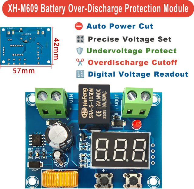 XH-M609 Batterie-Überentladungsschutzmodul 12V-36V mit Digitalanzeige, Einstellbare Unterspannungs-Abschaltplatine für Blei-Säure und Lithium-Batterien, Blau - Bild 1