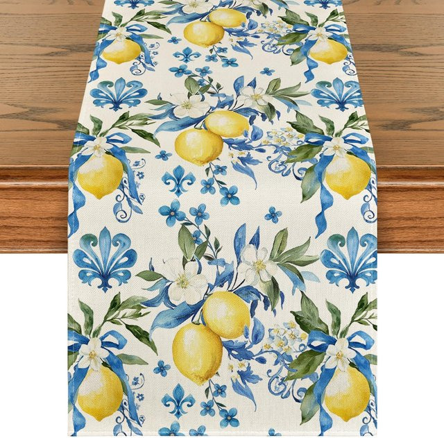JINGYUE Pet Tischläufer aus Leinen mit blauem Zitronen-Blumenmuster in Grau, B/H: 150 x 33 cm - Bild 1