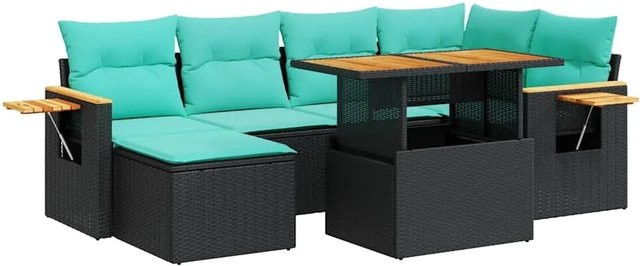 vidaXL 7-teilige Garten-Sofagarnitur in L-Form aus Polyrattan und Akazienholz mit Kissen, Braun/Schwarz - Bild 1