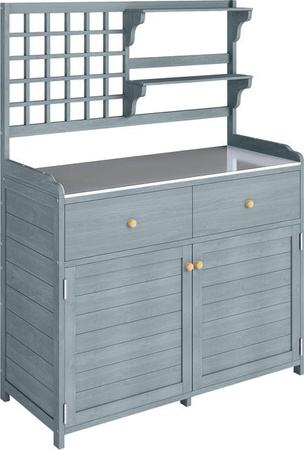 Outsunny Pflanztisch mit Unterschrank aus Holz und verzinkter Arbeitsplatte, wetterfester Gartenschrank mit 2 Schubladen für Garten, Balkon und Terrasse, Farbe: Hellgrau, B/T/H: 104 x 44 x 140 cm
