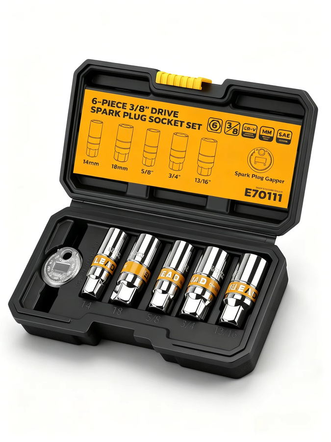 ELEAD 6-teiliges Zündkerzensteckschlüssel- und Einstellwerkzeug-Set aus Chrome Vanadium in Silber, 3/8 Zoll, mit Größen 5/8 Zoll, 3/4 Zoll, 13/16 Zoll, 14 mm und 18 mm - Bild 5