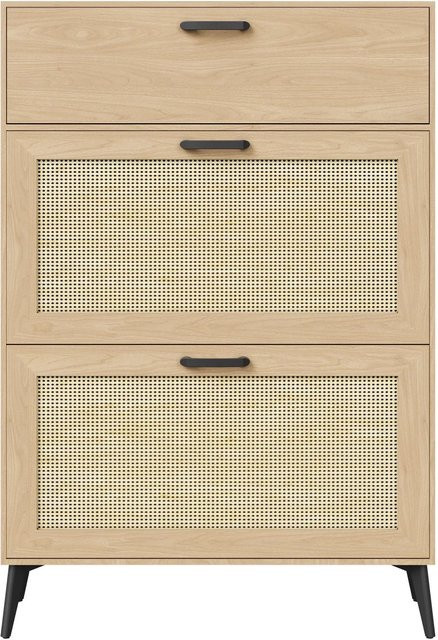 PXloue Schuhschrank aus Rattan und Massivholz in Beige mit 3 Klappen und verstellbaren Trennwänden - Bild 1