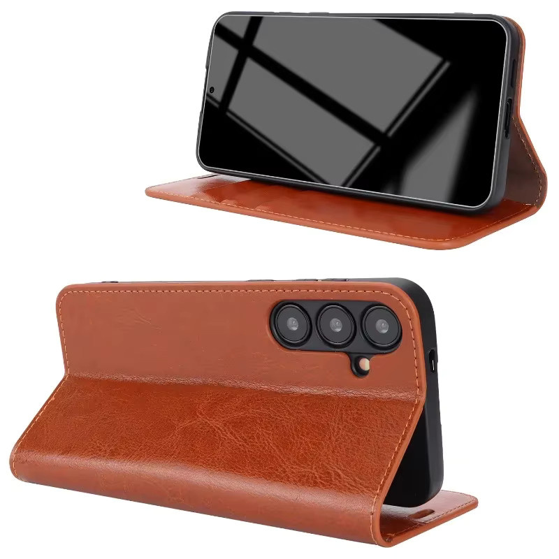 Flip Dermis Leder Handyhülle für Samsung Galaxy S23 FE S24 Ultra S22 Plus A25 A24 A54 A14 A34 5G Brieftasche mit Kartenhalter in Braun - Bild 2