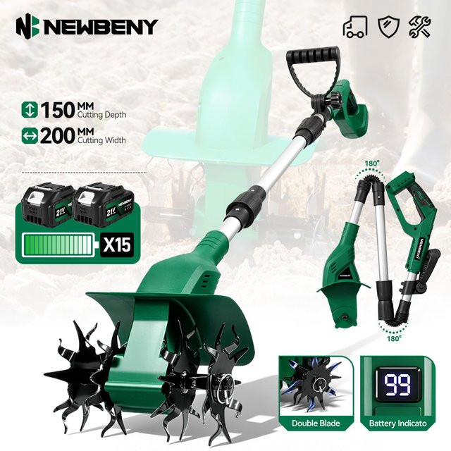 NEWBENY Elektrischer Akku-Rotationsgrubber Kultivator und Vertikutierer in Grün für Makita 21V Akku, Durchmesser: 20 cm - Bild 1