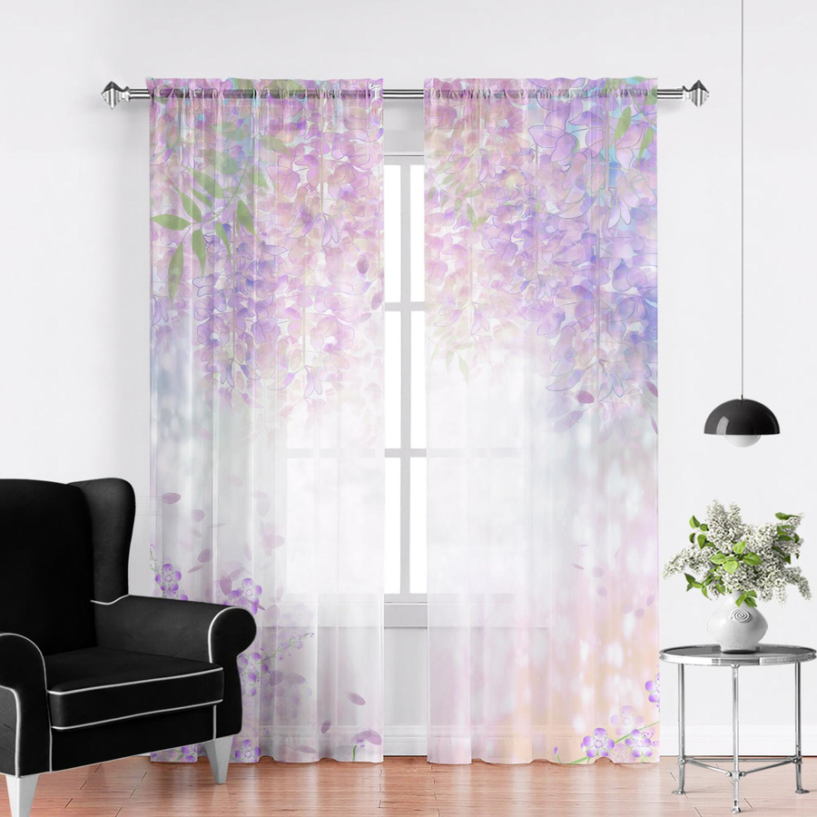 Transparenter Aquarell Blumen Voile Vorhang aus Chiffon und Tüll mit Ösen, Mehrfarbig, Breite: 100 cm, Höhe: 250 cm - Bild 1