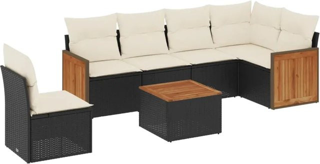 vidaXL 7-teilige Garten-Sofagarnitur in L-Form aus Poly-Rattan und Akazienholz mit Kissen in Schwarz-Creme - Bild 1