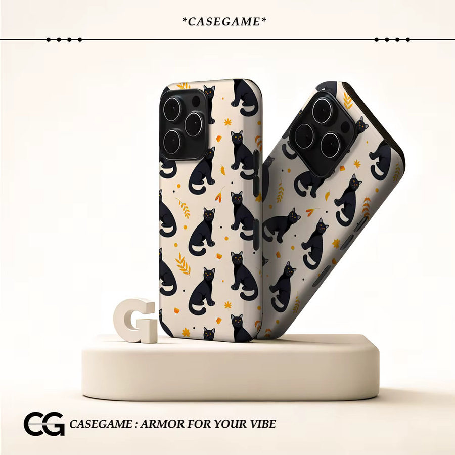 Potdemiel Handyhülle mit herbstlicher schwarzer Katze für iPhone 17 16 15 14 13 12 Pro Max Plus Tough Case in Schwarz und Multicolour - Bild 2