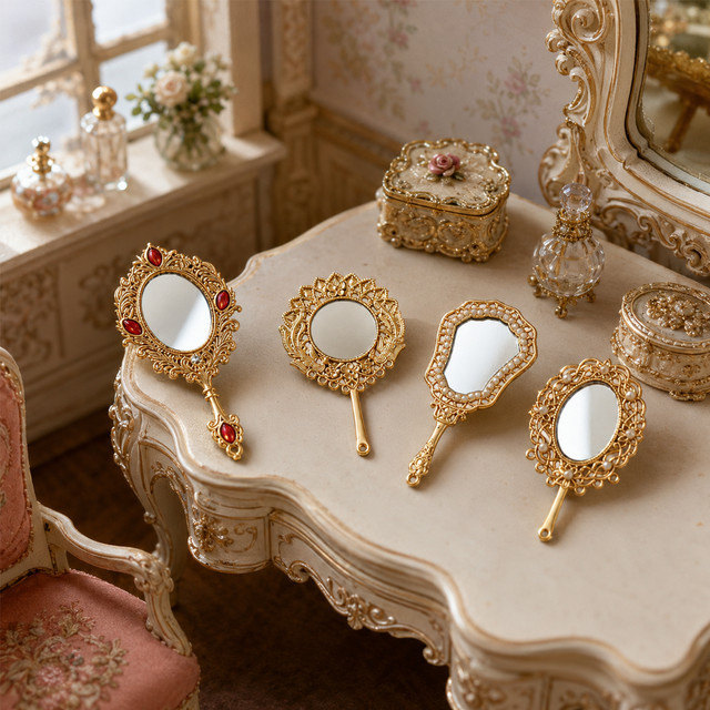 Miniatur-Vintage-Handspiegel, Antik-Gold-Blumendesign, Gold - Bild 1