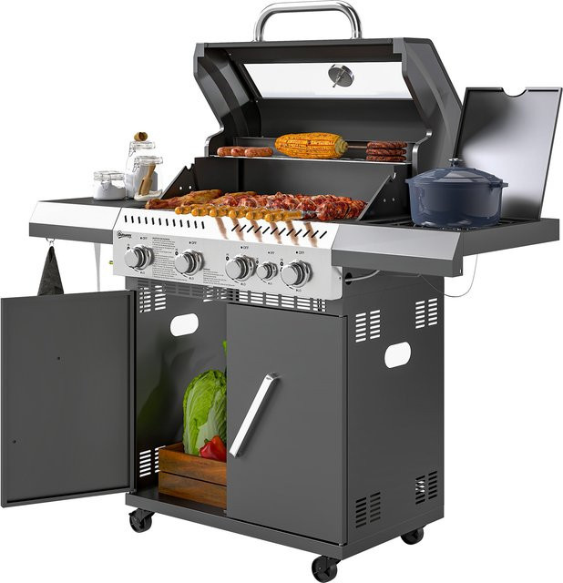 Outsunny Gasgrill mit 5 Brennern und Seitenkocher, BBQ Grillwagen mit 2 Heizzonen, Thermometer und Seitenablagen, H x B x T: 110 x 54 x 135 cm - Bild 1