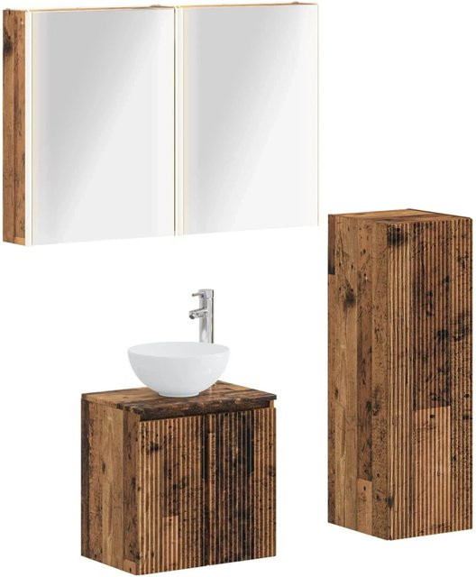 vidaXL Badezimmermöbel-Set 4-teilig aus Altholz und Glas in Braun mit LED-Beleuchtung und Spiegelschrank - Bild 1