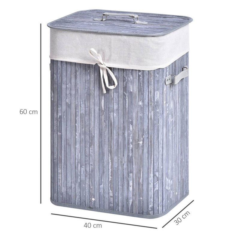 HOMCOM Wäschekorb aus Bambus und Stoff in Grau mit 2 Tragegriffen, B/H/L: 30 x 60 x 40 cm - Bild 2