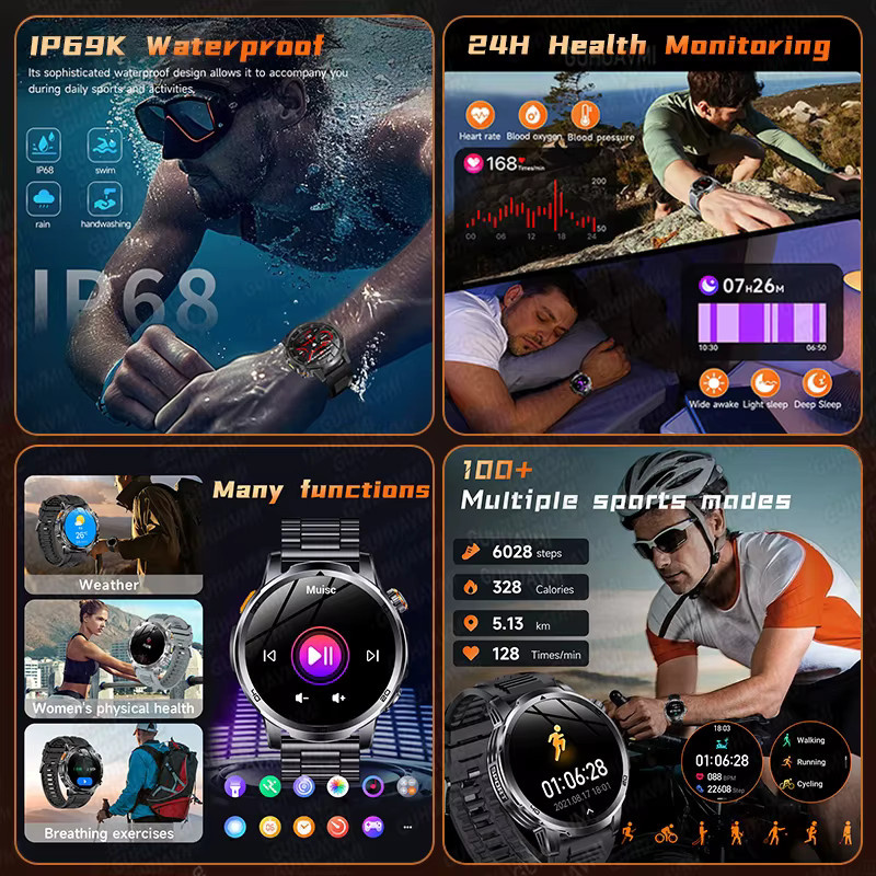GUHUAVMI Military T-Rex 3 Smartwatch für Männer mit AMOLED Bildschirm, wasserdicht und integrierter Taschenlampe, Farbe: Schwarz - Bild 6