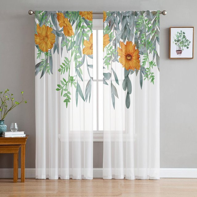Super Six Transparentes Tüll-Fensterdekoration mit Blumen Aquarell Muster in Orange, Grün und Weiß, B: 135 cm, H: 114 cm - Bild 1
