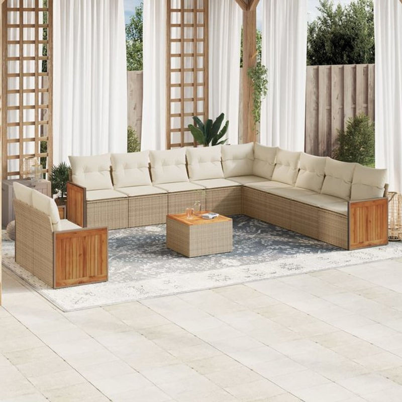 Vidaxl Gartenmöbel-Set aus Polyrattan und Akazie mit 12 Teilen und Kissen, Beige - Bild 1