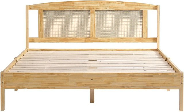 KOMHTOM Rattanbett aus Massivholz mit 15 Latten und Mittelbeinen, Doppelbett in Natur, B/T/H: 160 x 200 x 165 cm