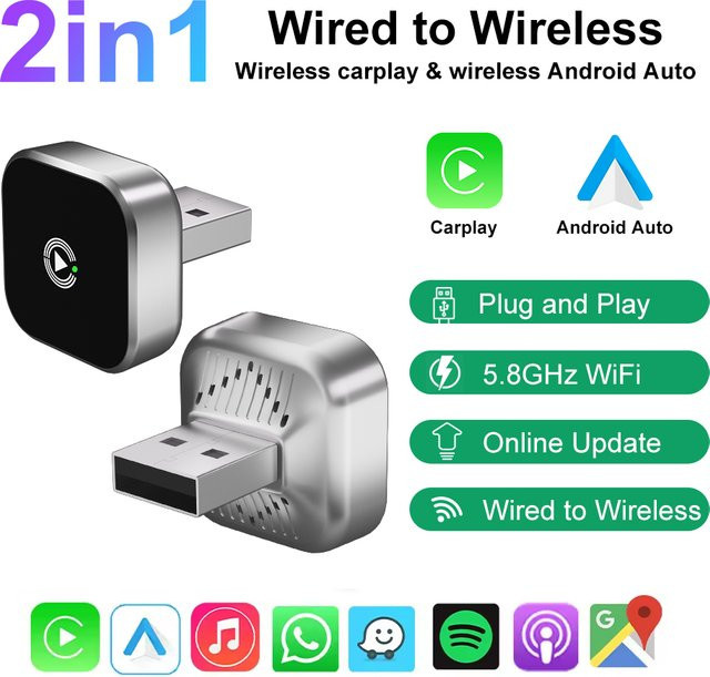 Flixivi CarPlay und Android Auto Wireless Adapter in Schwarz – Kabelloser Plug & Play Konverter für VW, Toyota, Nissan, Honda, Ford und Benz - Bild 1