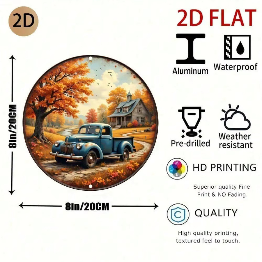 Vintage Blechschild Wanddekoration CIFBUY Rundes Metallschild mit blauem Pickup-Truck und herbstlicher Landschaft, Farbe: Blau und Mehrfarbig, Durchmesser: 20 cm - Bild 4