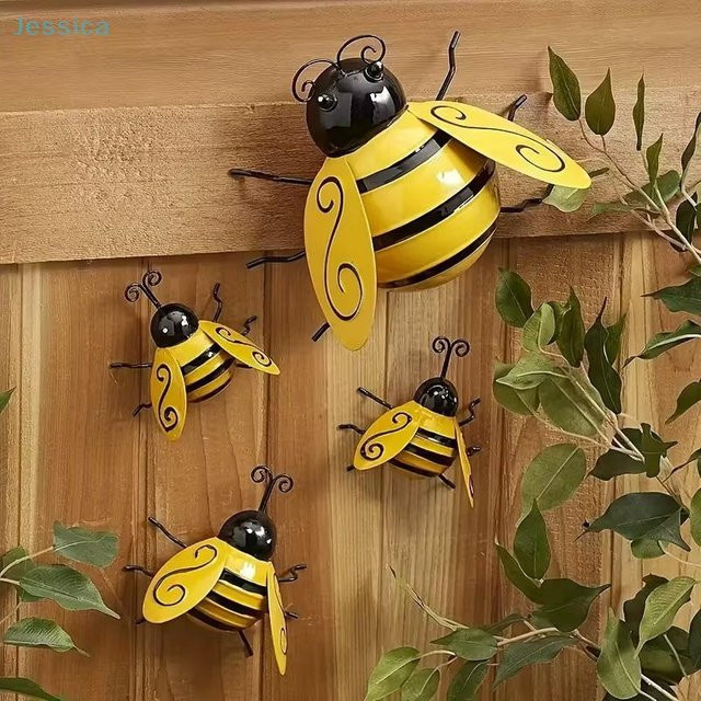 4-teiliges Set Binchi Schmiedeeisen Bienen als hängende Wanddekoration aus Metall in Gelb für Garten und Balkon - Bild 1