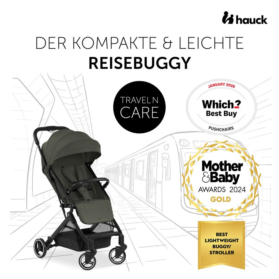 Hauck Reisebuggy und Sportwagen Travel N Care mit Komfort-Sitzauflage in Dark Olive Green, faltbar mit Schwenkrädern und Federung - Bild 2