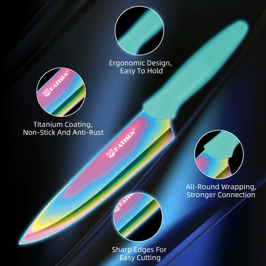 Katisun 13-teiliges Regenbogen-Küchenmesserset aus titanbeschichtetem Kohlenstoffstahl in Multicolour - Bild 2