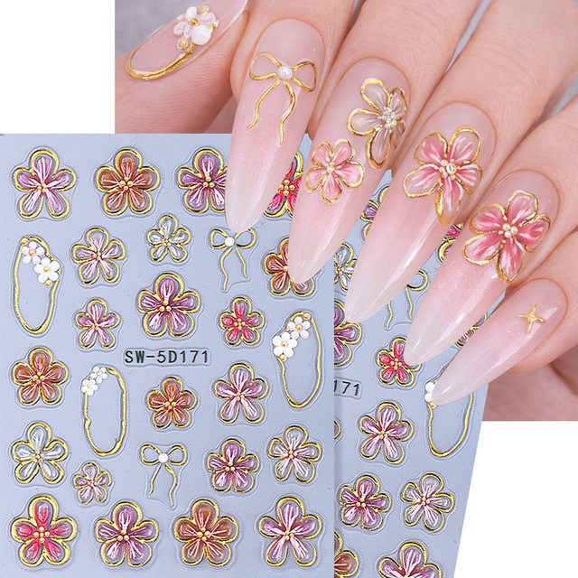 SWEET TREND Nagelaufkleber, 5D Lilienblätter, Goldlinie, Metallic - Bild 1